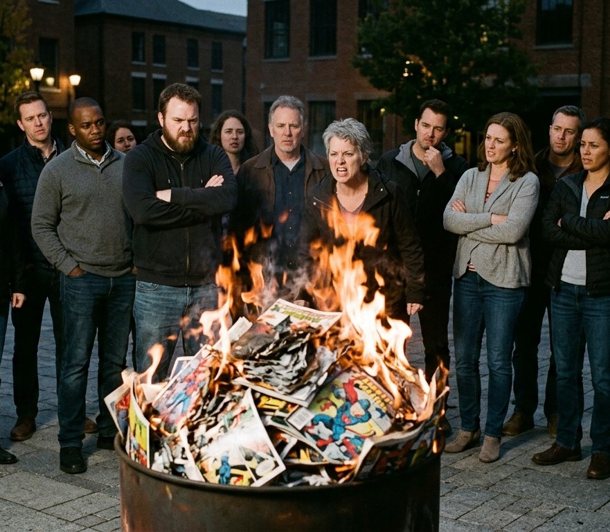 group of people surrounding burning pile of comic books
